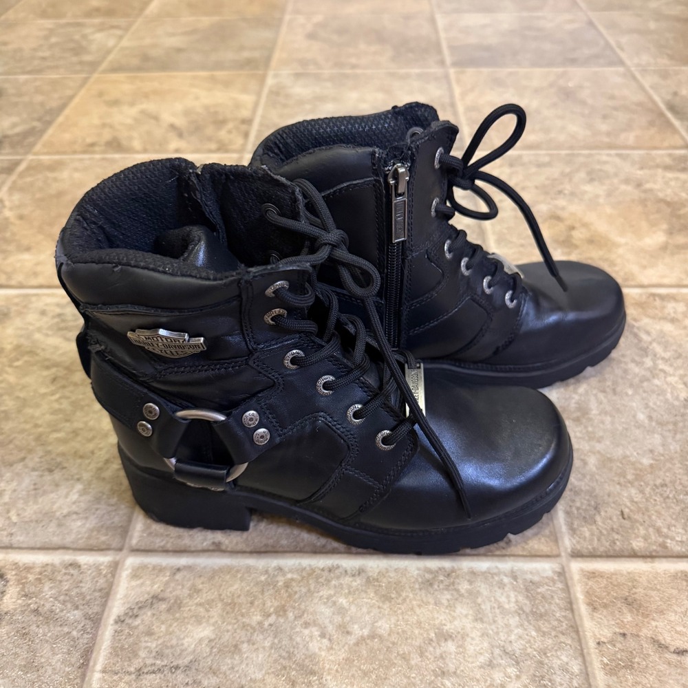 Harley-Davidson Womens Black Leather Biker Boots D83775 Lace Up Side Zip Size 6M
